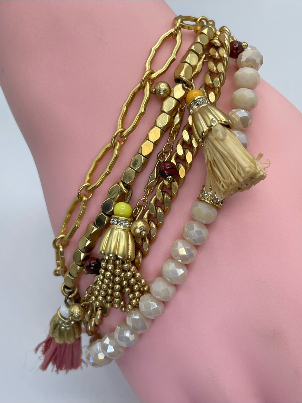 Spartina 449 Gold Tone Multistrand Beaded Tassel Charm Bracelet Crystal